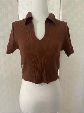 Fashion Nova Brown Ribbed Collared V-Notch Crop Top
